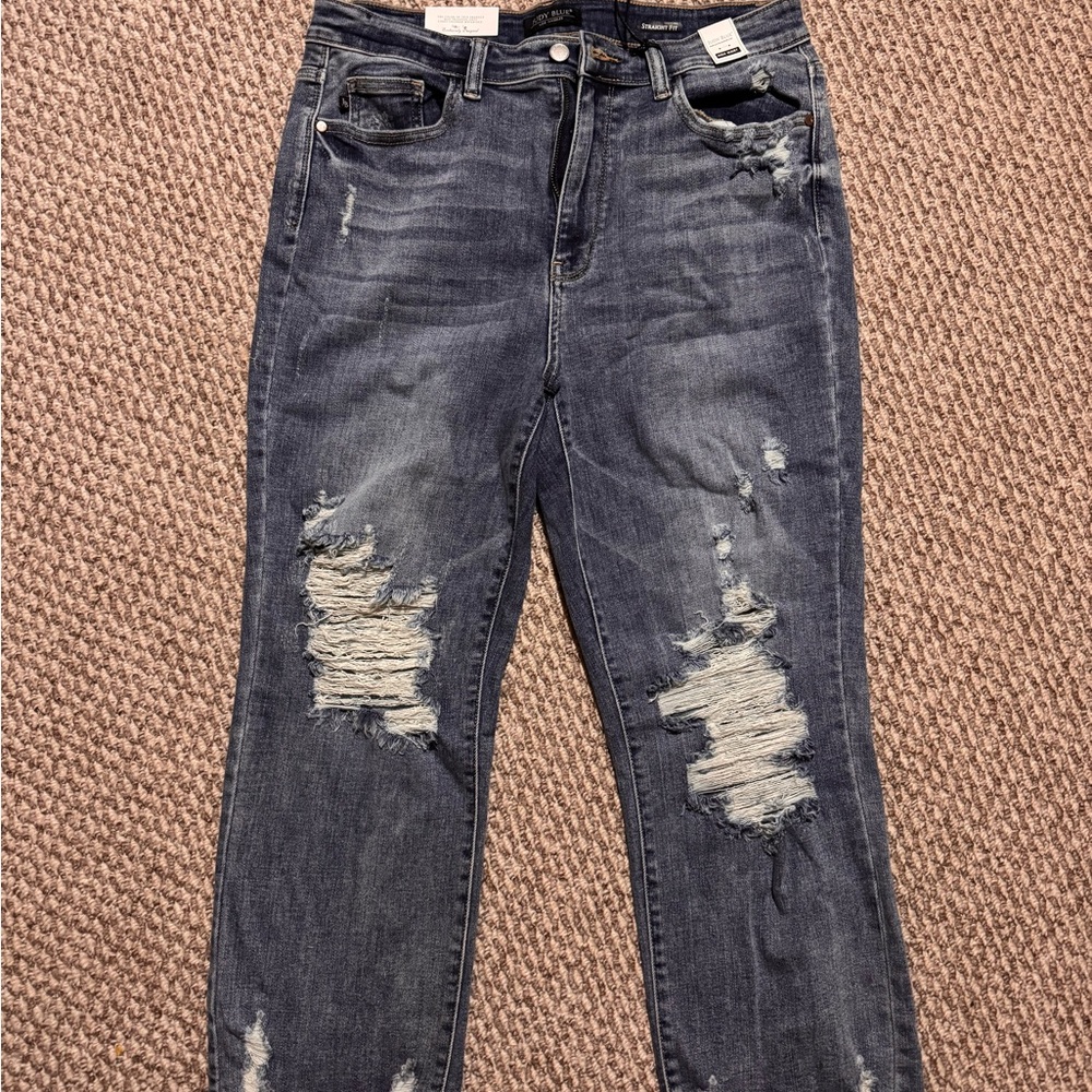 Judy Blue Distressed Straight Leg Jeans - Dark Blue
